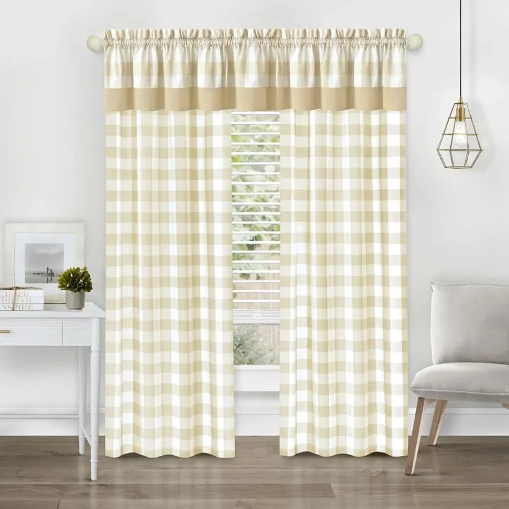 Achim Home Furnishing Hunter Tan Plaid Modern Window Curtain Panels : 42